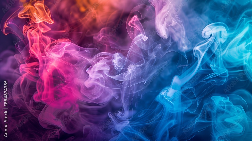 Poster A vibrant capturing dramatic smoke clouds, brilliantly lit, on an abstract background. The smoke is highlighted with multiple colors, creating a dynamic and captivating