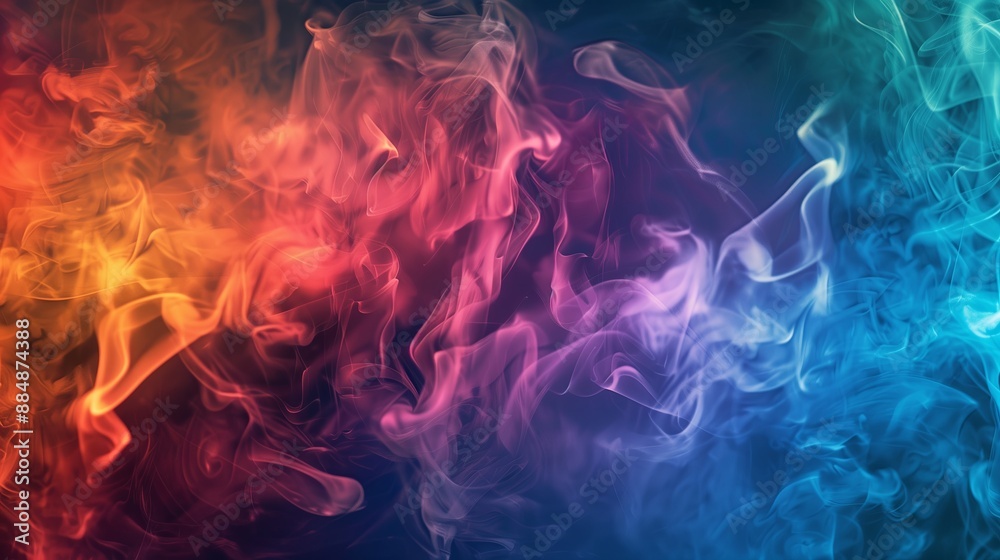 Poster A vibrant capturing dramatic smoke clouds, brilliantly lit, on an abstract background. The smoke is highlighted with multiple colors, creating a dynamic and captivating