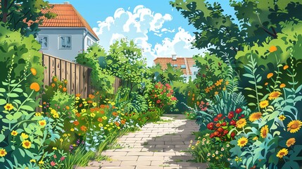 Obraz premium A charming brick path winds through a lush garden, leading to quaint houses in the distance.