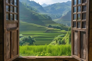 Fototapeta premium Rice Terraces View From a Window in Rural Vietnam