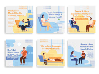 Mental health at work psychologist service social media post design template set isometric vector