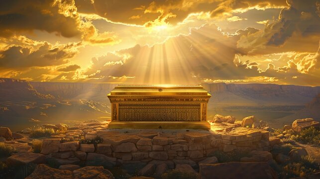 A detailed illustration of the Ark of the Covenant radiating divine presence