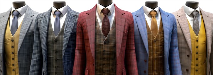 A number of men's suits in various colors and patterns, including blue, red plaid, gray, mustard yellow, dark gray, dark brown.