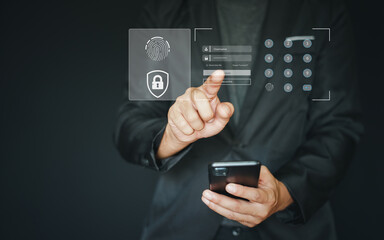 User presses login and password on smartphone virtual screen. Cyber security, information security and encryption, secure access to user's personal information, secure Internet access, cybersecurity.