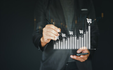 Hand holding graph with percentage, special offer of shopping department store discount and tax concept, adjusting interest rates, raising interest rates to fight inflation, returns on investments.

