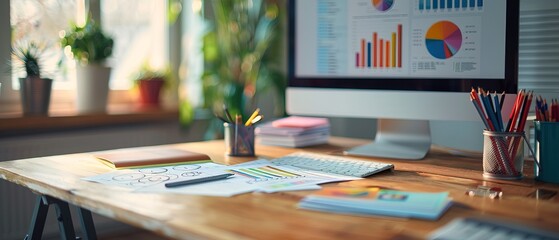 Close-up of a branding strategist's desk with brand identity guidelines and market research reports, symbolizing a job in branding strategy 