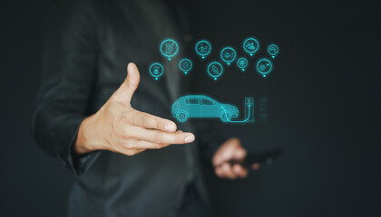 electric vehicle charging station for charging EV batteries. Plug for vehicle with electric engine.  EV charging station for electric vehicles in green energy and eco