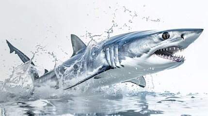Obraz premium An intense graph of a Mako shark attacking, teeth bared and eyes focused, on a pristine white background. The scene is captured in perfect clarity, showcasing the fierce