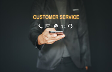 Contact us or Customer support hotline people connect. Businessman using a laptop and touching on virtual screen contact icons