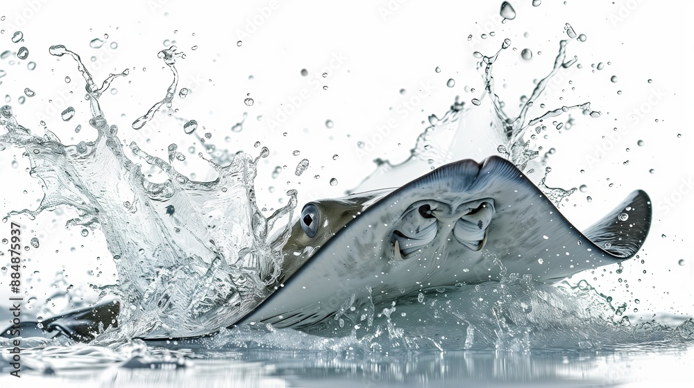 Poster an intense graph of a stingray attacking, tail barbed and eyes focused, on a pristine white backgrou
