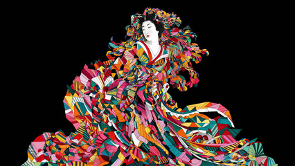 Fototapeta premium Exquisitely Detailed Abstract Illustration of a Woman in a Colorful Flowing Dress on Black Background, Depicting a Blend of Traditional and Modern Art with Geometric Patterns