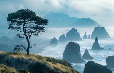 The rugged coastline of Reykjanes, Iceland was named Hay Stach. The rocky coast and mountains in the background of Cannon Beach, Oregon on a foggy day with a blue sky and overcast. A tall tree stands 