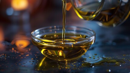 Fototapeta premium Olive Oil Pouring into a Glass Bowl.