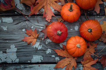 Five small pumpkins and autumn leaves on weathered wooden planks
