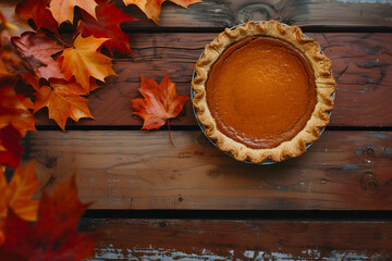 Pumpkin pie on wooden table with autumn leaves
