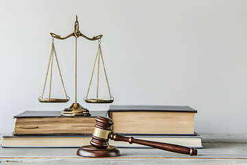 Scales of justice and a gavel on a stack of books