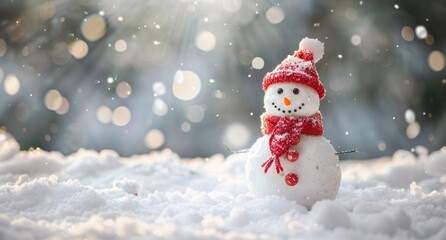 photo of happy snowman on snowy background 