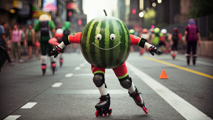 Obraz premium Whimsical illustration of a watermelon character rollerblading in a busy city street, wearing protective gear and a red suit, with a lively urban background featuring other skaters and vibrant lights