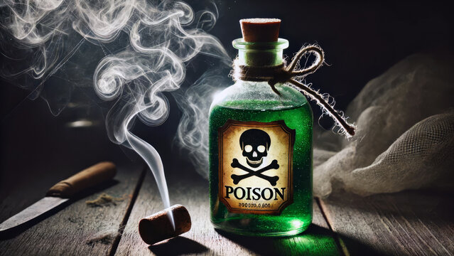 Ominous poison bottle with rising smoke