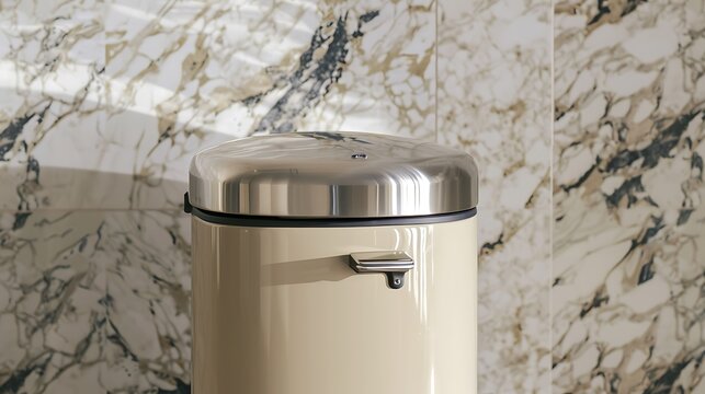 Contemporary beige kitchen trash bin with stainless steel lid and white marble-patterned granite backdrop..