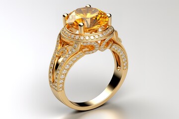 3D illustration isolated gold decorative engagement diamond ring with reflection on a white background