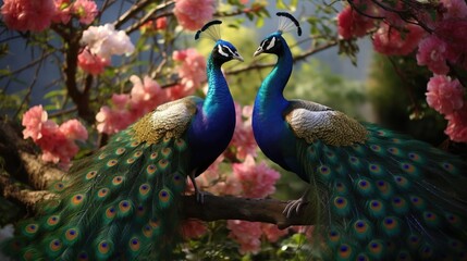 peacocks pairs loving in the garden aeriel view . © PrismCraft