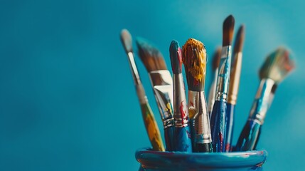 Colorful Paintbrushes in a Blue Jar