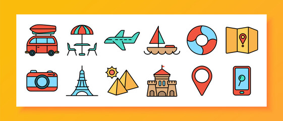 Obraz premium Travel icon set. Camper van, umbrella table, airplane, sailboat, lifebuoy, map, camera, landmarks, location pin, mobile GPS.