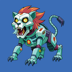 cartoon illustration of mecha robotic lion, zombie lion, flat vector illustration