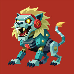 cartoon illustration of mecha robotic lion, zombie lion, flat vector illustration
