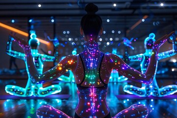 A futuristic yoga class with participants illuminated by colorful LED lights, creating a mesmerizing and immersive experience.