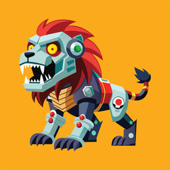 cartoon illustration of mecha robotic lion, zombie lion, flat vector illustration