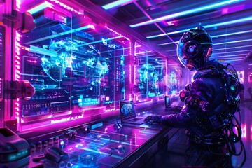 Futuristic cyberpunk world with a scientist analyzing digital data in a high-tech lab, surrounded by neon lights and holographic displays.
