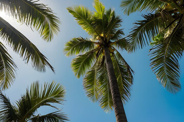 Low angle view of the blue sky through coconut trees