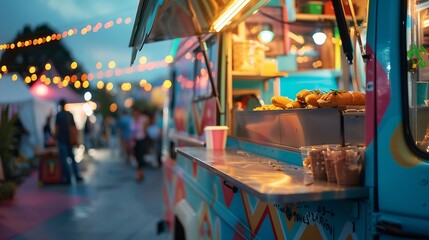 A food truck with a unique theme serving food at a city festival, selective focus on the serving window