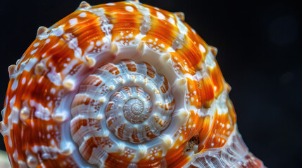 A macro photograph of a spiral shell, intricate orange and white patterns, extreme close-up view