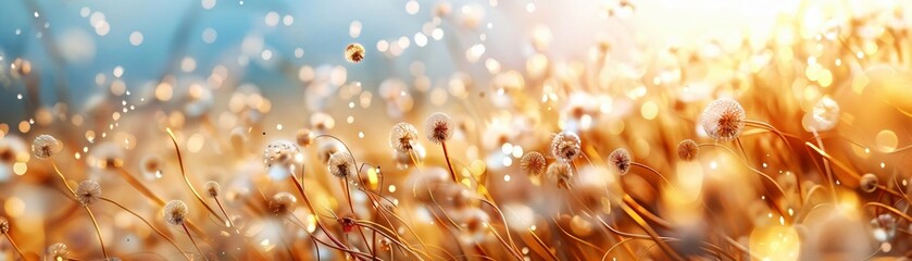 Field of dandelions with a golden sunlight background, capturing the beauty of nature and the serenity of a peaceful landscape.