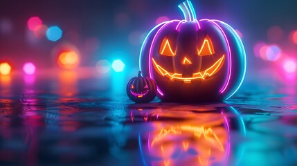 Glowing Neon Jack-o-Lantern with Mischievous Grin - Playful Halloween Decor Close-Up