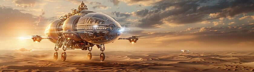 Fototapeta premium Futuristic spaceship landing on a barren landscape at sunset, featuring advanced technology and dramatic skies in a sci-fi setting.