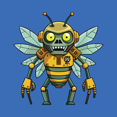 cartoon illustration of mecha robotic bee, zombie bee, flat vector illustration