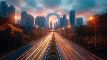 Fototapeta premium High way with a wide futuristic road going through a tunnel.