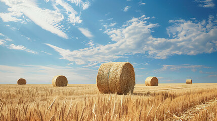 A haystack in a wheat field under a blue sky and white clouds