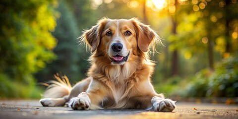 An adorable dog resting on the ground with its paws up in a peaceful pose.