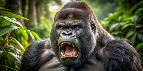 A large silverback gorilla baring its teeth in the forest, resembling an angry and powerful King Kong in the jungle.