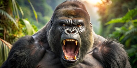 A large silverback gorilla baring its teeth in the forest, resembling an angry and powerful King Kong in the jungle.