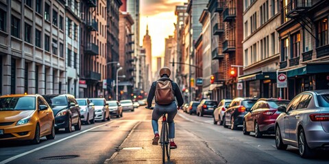 cyclist pedaling on a busy city street with buildings around.