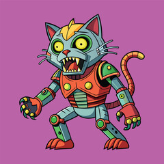 cartoon illustration of mecha robotic cat, zombie cat, flat vector illustration