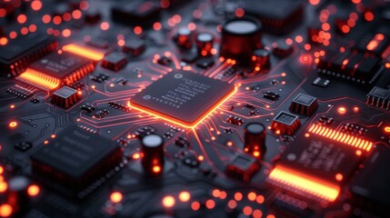Digital circuit board in neon light. PCB background. Computer board. 