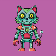 cartoon illustration of mecha robotic cat, zombie cat, flat vector illustration