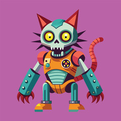 cartoon illustration of mecha robotic cat, zombie cat, flat vector illustration